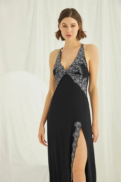 Black Lace Slit Strap Nightgown