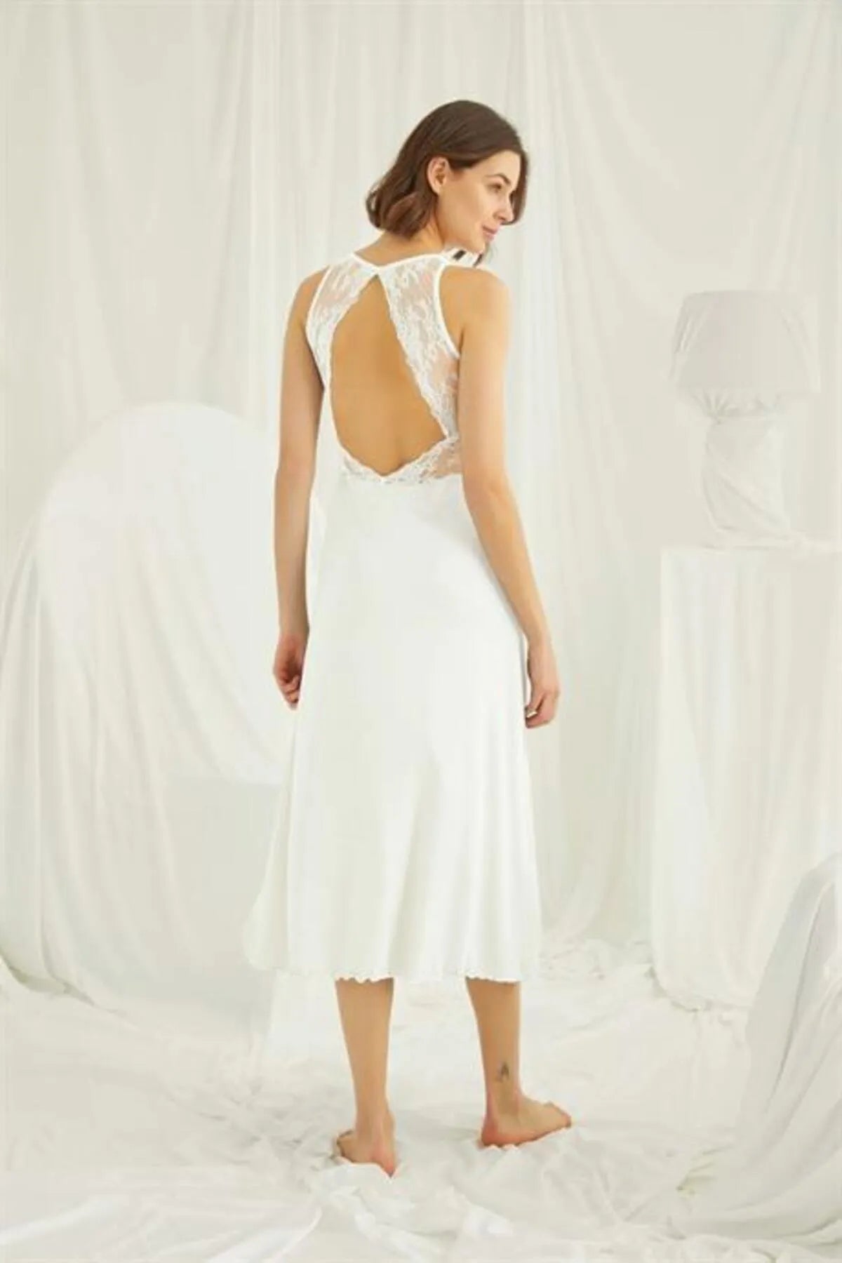 White Lace Slit Strap Nightgown