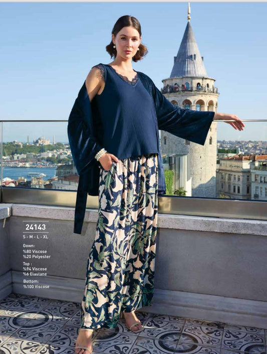 3 pieces-Navy Velvet Robe